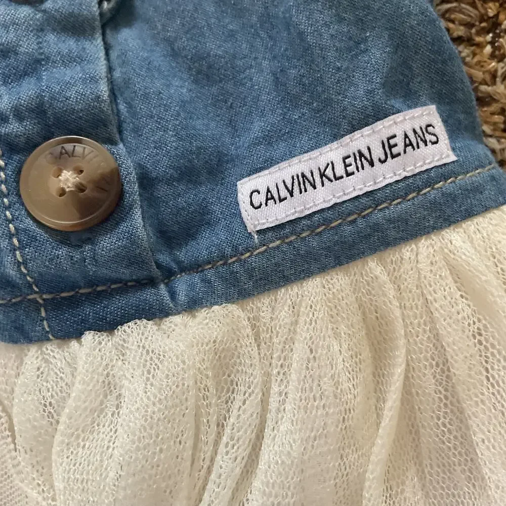 Calvin Klein Jeans Toddler Girls Denim Tulle Dress Size 2T Blue Ivory Sleeveless
